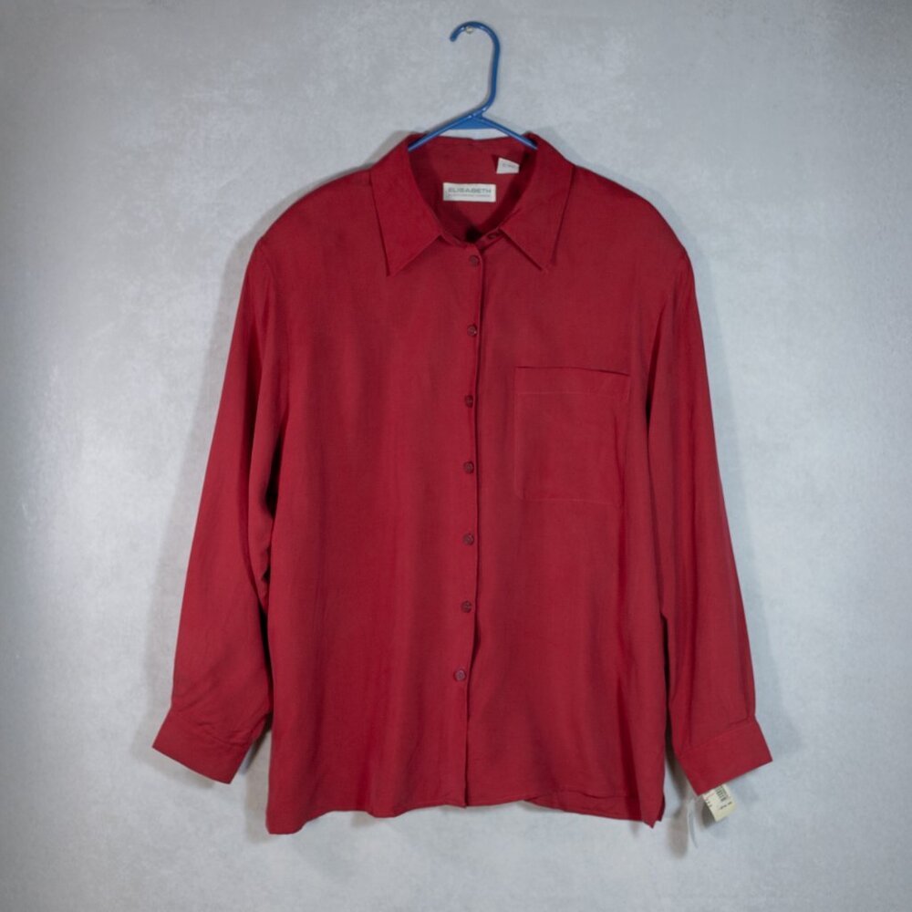 Elizabeth Liz Claiborne Women Soft Comfy Silk Long Sleeve Blouse Red Size 18